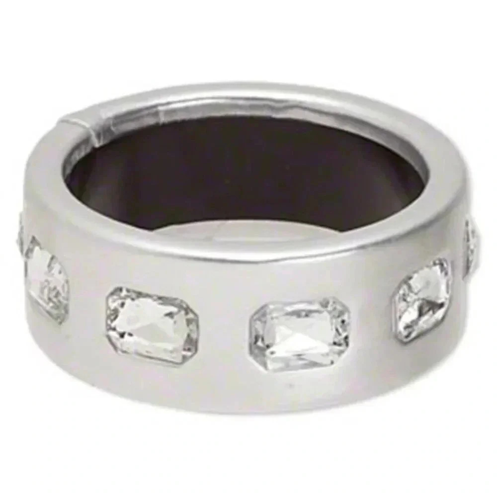 Slick Silver PU Vinyl and Rhinestones Chunky Mod Retro Wide Bangle Bracelet